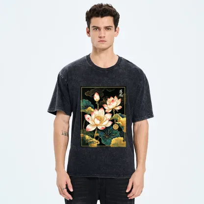 Tokyo-Tiger Oriental Lotus Print Washed T-Shirt