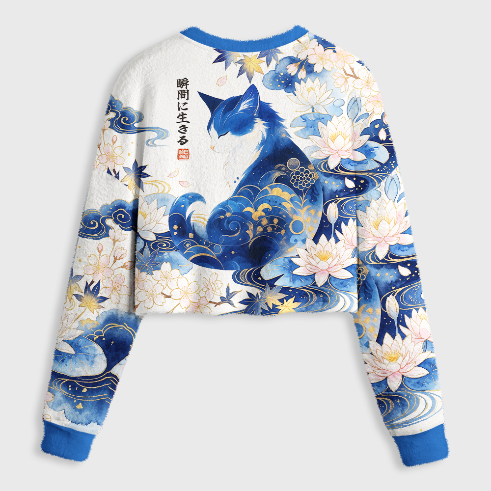 Tokyo-Tiger Retro Zen Cat: Living the Present Women's Fuzzy Cropped Sweatshirt