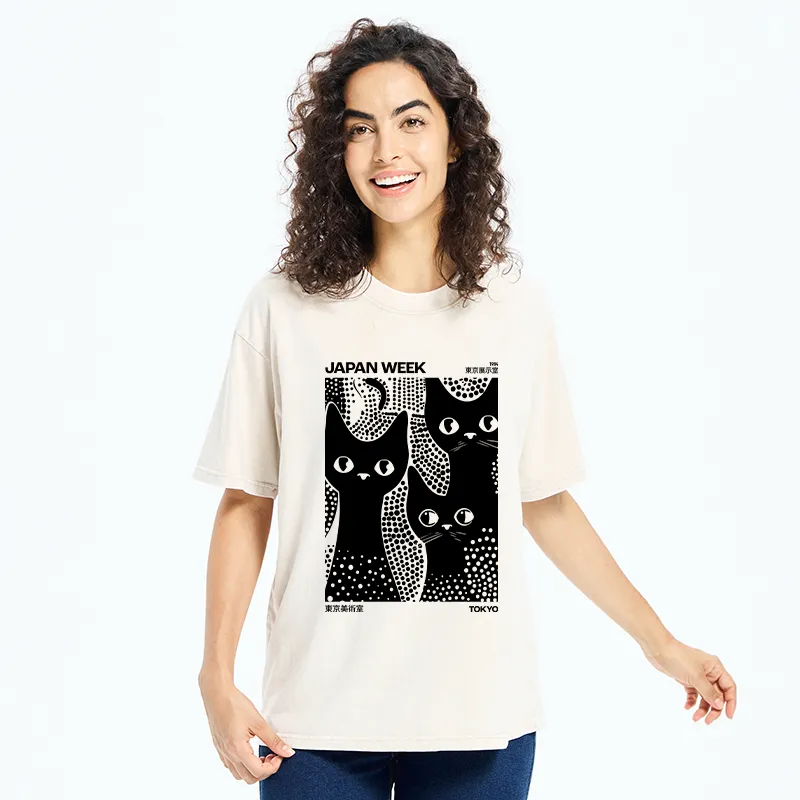 Tokyo-Tiger Black Cat Polka Dot Art Washed T-Shirt