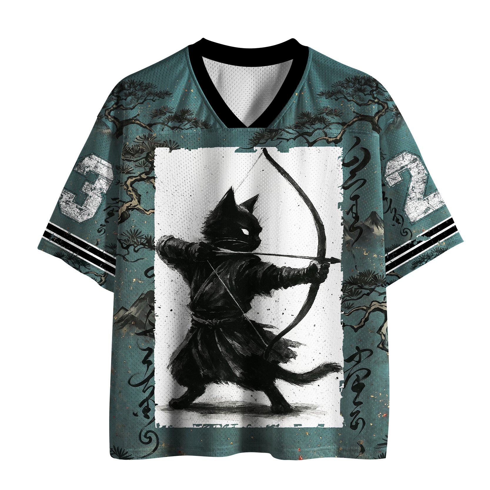 Tokyo-Tiger "Shadow Kyudo" Ink-Wash Black Cat Archer Mesh Jersey