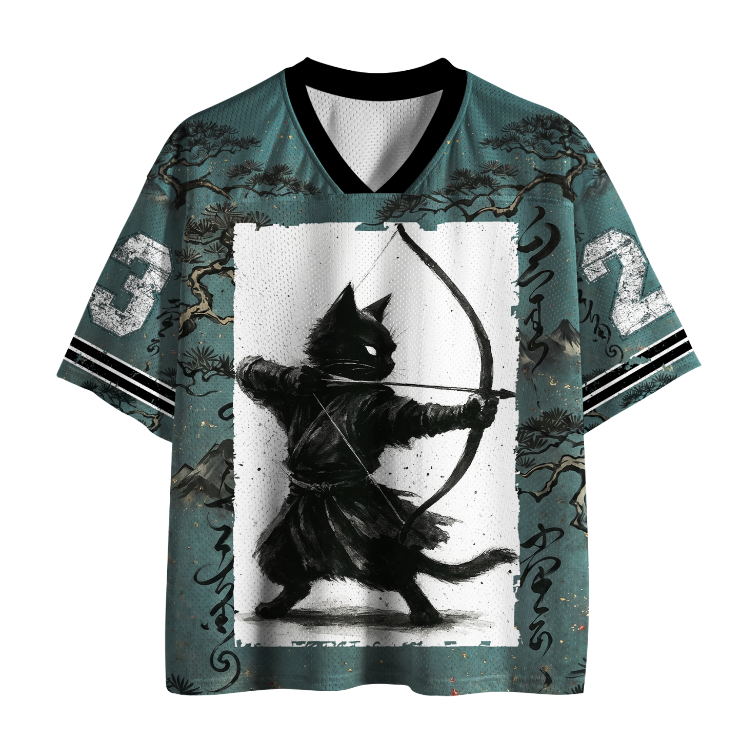 Tokyo-Tiger "Shadow Kyudo" Ink-Wash Black Cat Archer Mesh Jersey Sale