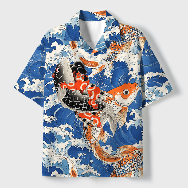 Tokyo-Tiger Sumo Wrestler Holding A Koi Cuban Collar Shirt