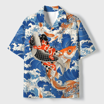 Tokyo-Tiger Sumo Wrestler Holding A Koi Cuban Collar Shirt