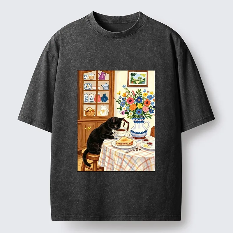 Tokyo‑Tiger Cute Snack Time Cat Washed T‑Shirt