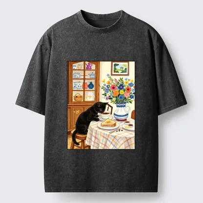 Tokyo‑Tiger Cute Snack Time Cat Washed T‑Shirt