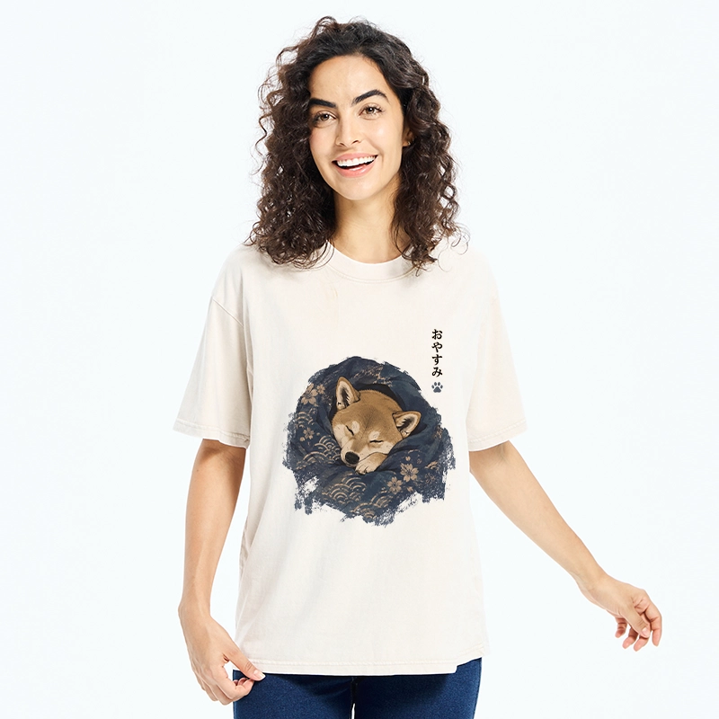 Tokyo-Tiger Sleepy Shiba Hides In Warm Quilt Washed T-Shirt
