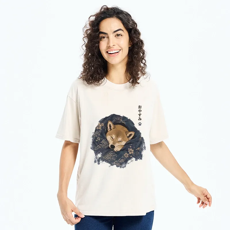 Tokyo-Tiger Sleepy Shiba Hides In Warm Quilt Washed T-Shirt