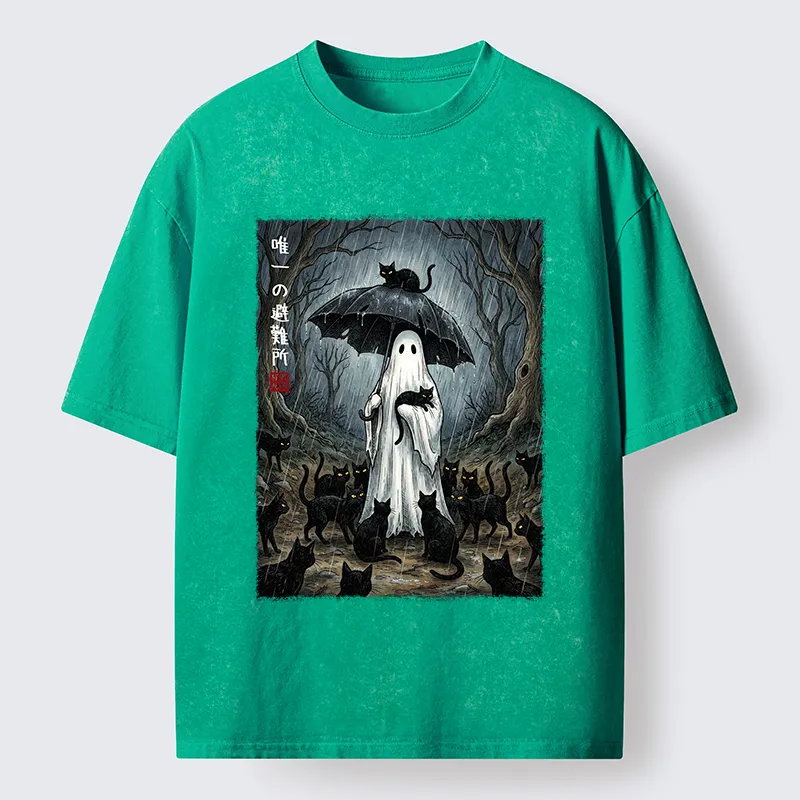 Tokyo‑Tiger Ghost Cat Shelter Washed T‑Shirt