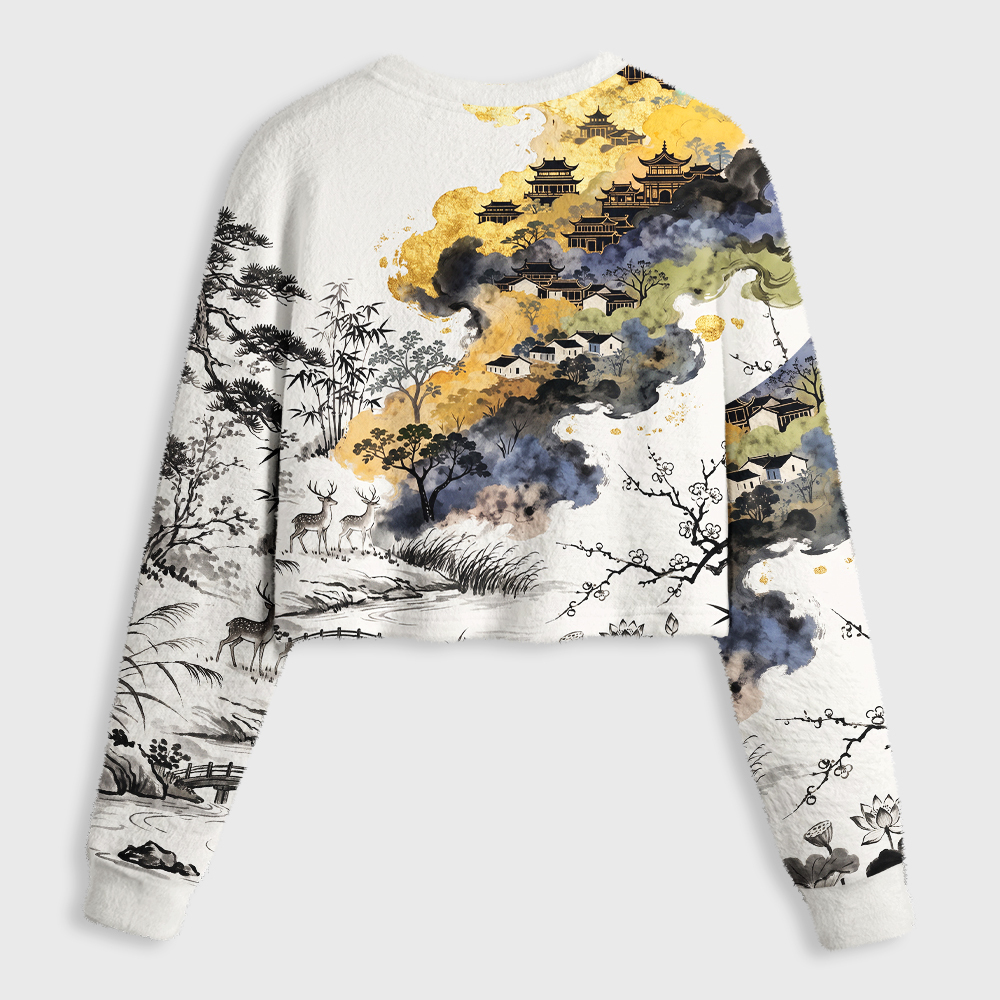 Tokyo-Tiger Gold Foil Mountain Deer Art Women's Fuzzy Cropped Sweatshirt