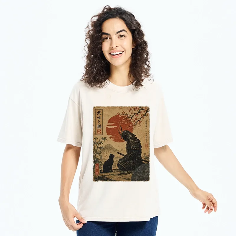 Tokyo-Tiger Samurai And Black Cat Mountain Washed T-Shirt