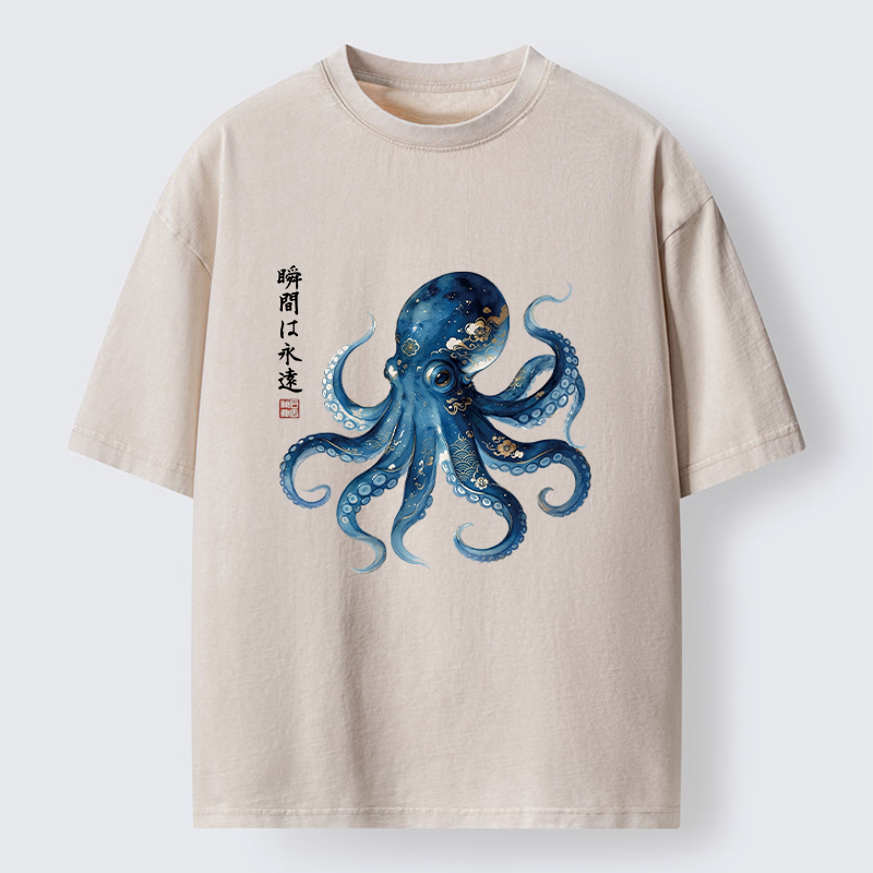 Tokyo-Tiger Japanese Ink Blue Octopus Art Washed T-Shirt