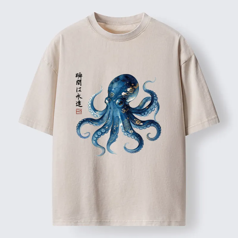 Tokyo-Tiger Japanese Ink Blue Octopus Art Washed T-Shirt