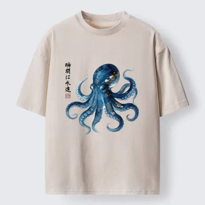 Tokyo-Tiger Japanese Ink Blue Octopus Art Washed T-Shirt