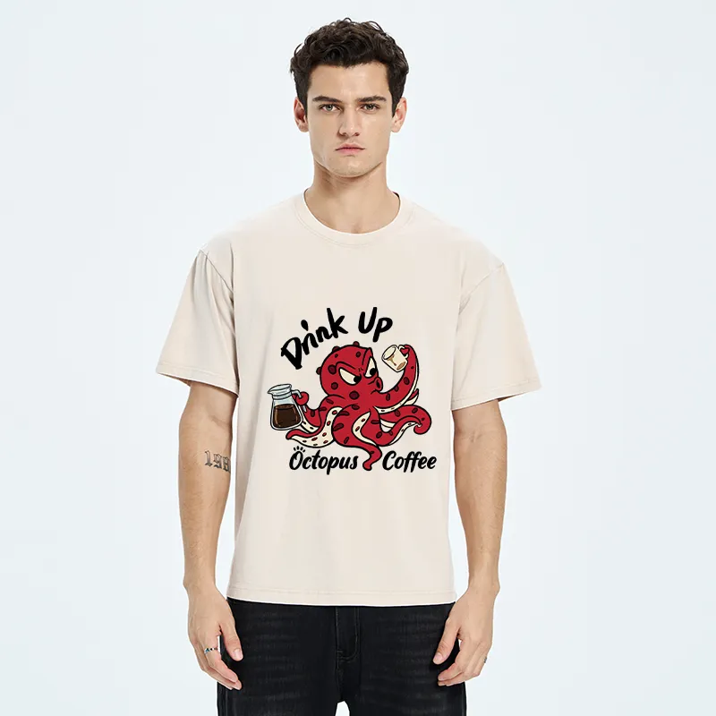 Tokyo-Tiger Red Octopus Drinking Coffee Washed T-Shirt