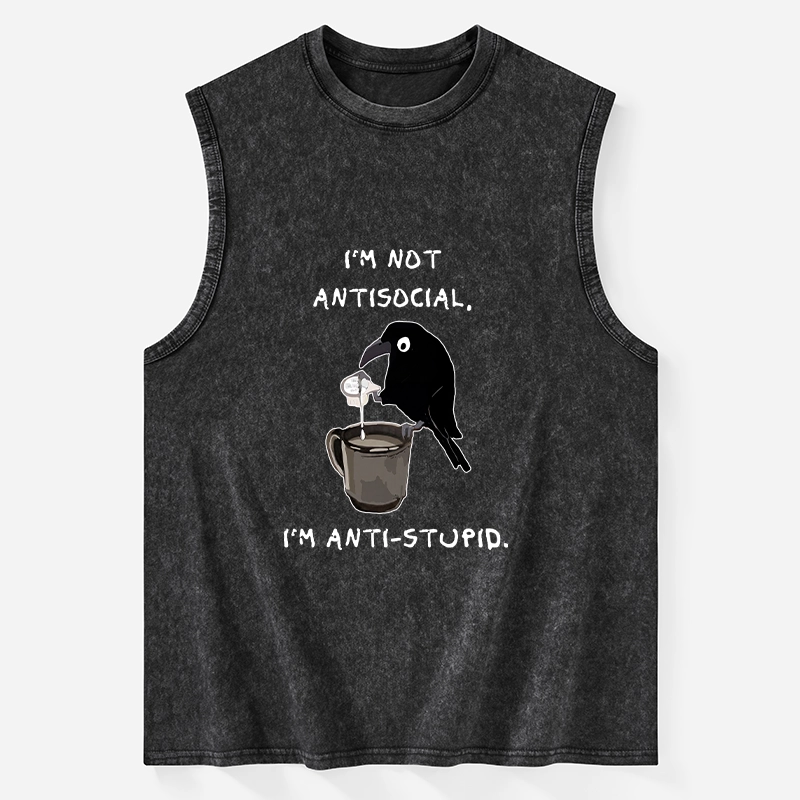 Tokyo-Tiger Cool Crow Sips Calm Coffee Alone Washed Tank