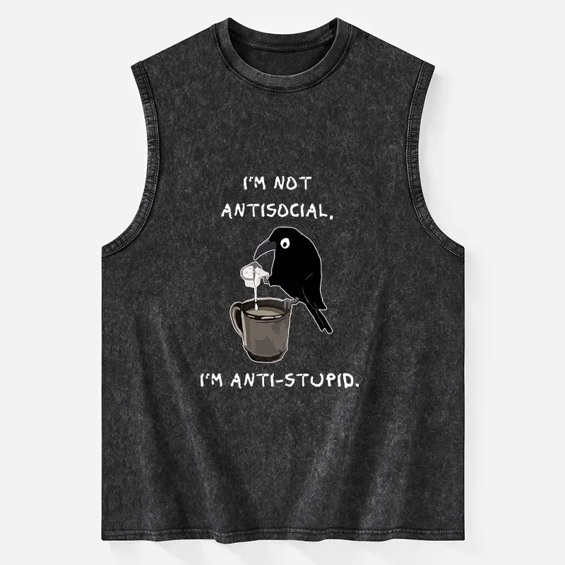 Tokyo-Tiger Cool Crow Sips Calm Coffee Alone Washed Tank Sale
