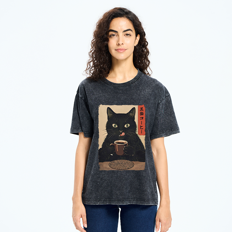 Tokyo-Tiger Vintage Black Cat Coffee Art Washed T-Shirt