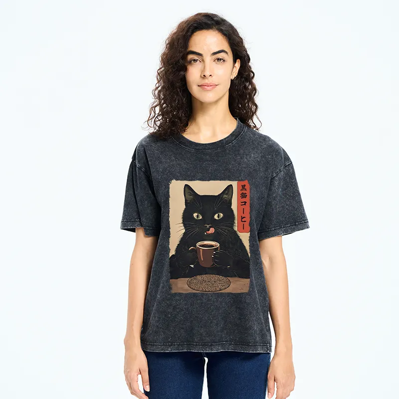 Tokyo-Tiger Vintage Black Cat Coffee Art Washed T-Shirt