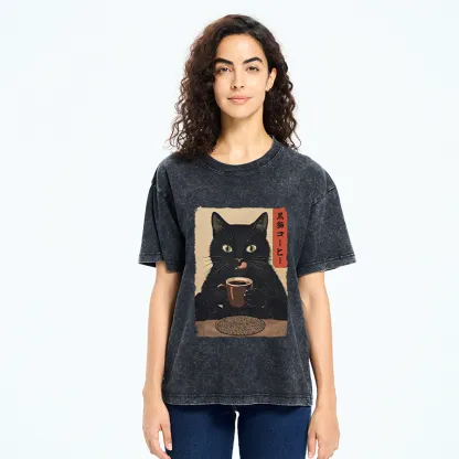 Tokyo-Tiger Vintage Black Cat Coffee Art Washed T-Shirt
