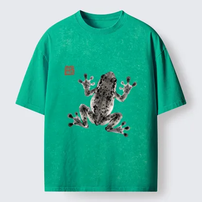 Tokyo-Tiger Ink Frog Painting Washed T-Shirt