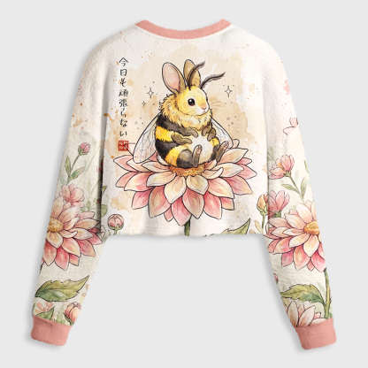 Tokyo-Tiger Funny Bunny Bee, I Don’t Push Myself Today Women's Fuzzy Cropped Sweatshirt