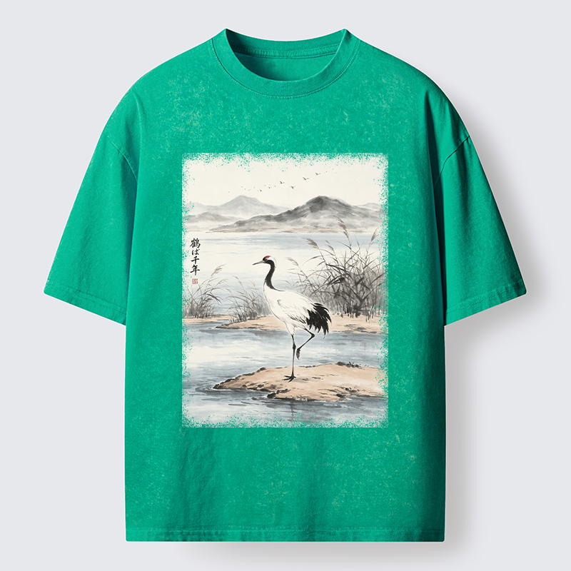 Tokyo-Tiger Serene Oriental Crane Art Washed T-Shirt