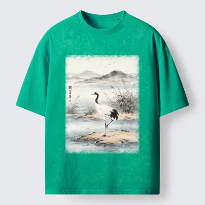 Tokyo-Tiger Serene Oriental Crane Art Washed T-Shirt