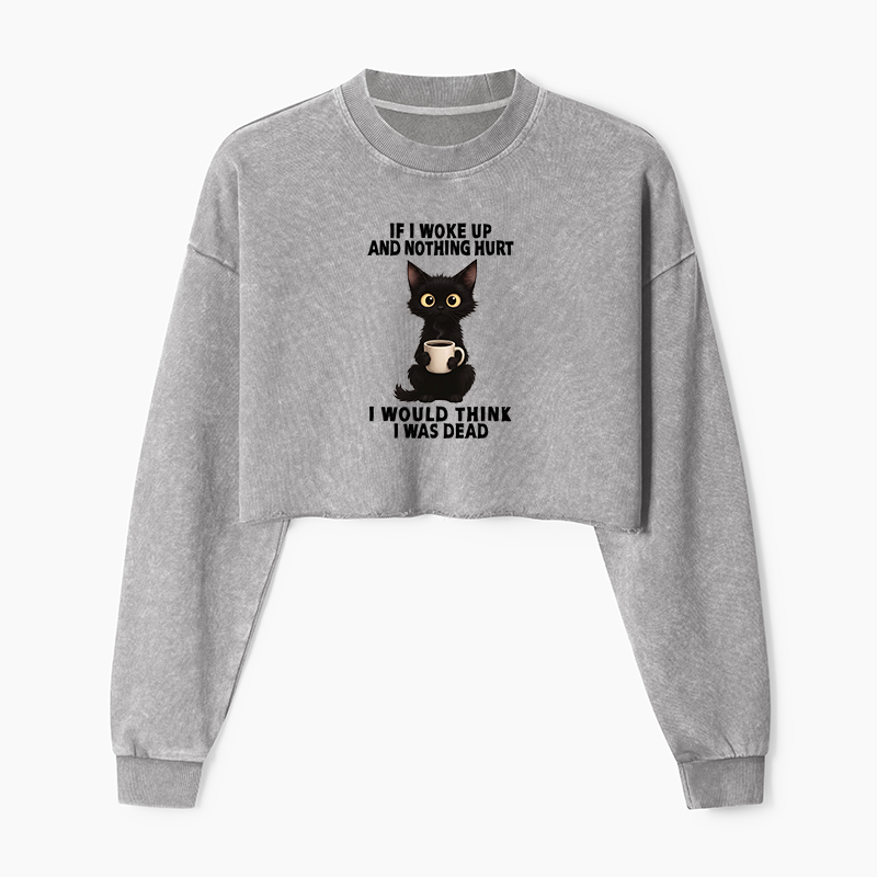 Tokyo-Tiger Funny Cute Black Cat And Coffee Meme Washed Crop Sweatshirt