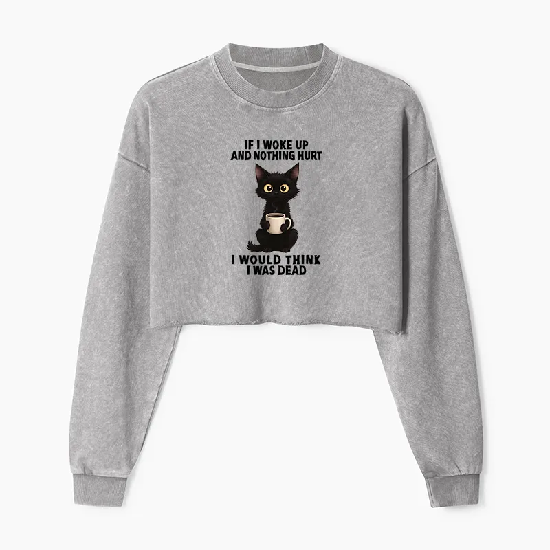 Tokyo-Tiger Funny Cute Black Cat And Coffee Meme Washed Crop Sweatshirt