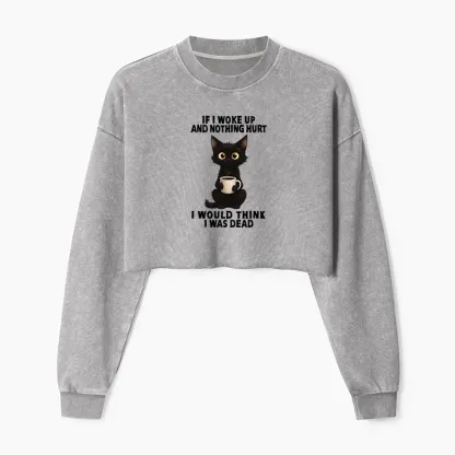 Tokyo-Tiger Funny Cute Black Cat And Coffee Meme Washed Crop Sweatshirt