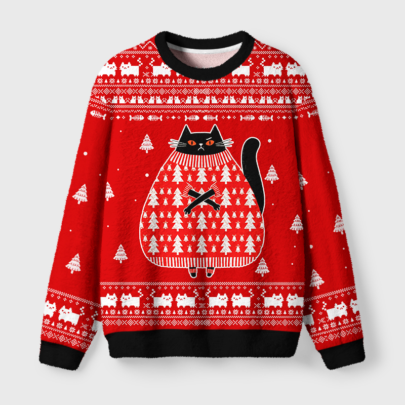 Tokyo-Tiger Black Cat In An Ugly Sweater Fuzzy Christmas Ugly Sweatshirt