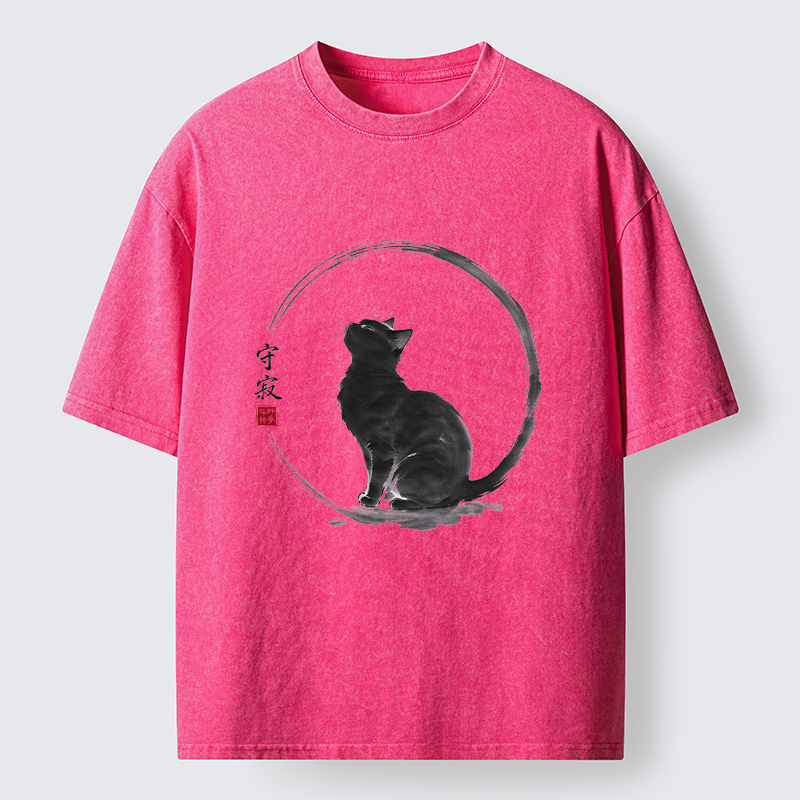 Tokyo-Tiger Traditional Zen Ink Cat Washed T-Shirt