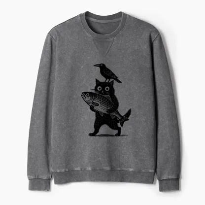 Tokyo-Tiger Black Animals Funny Washed Terry Sweatshirt