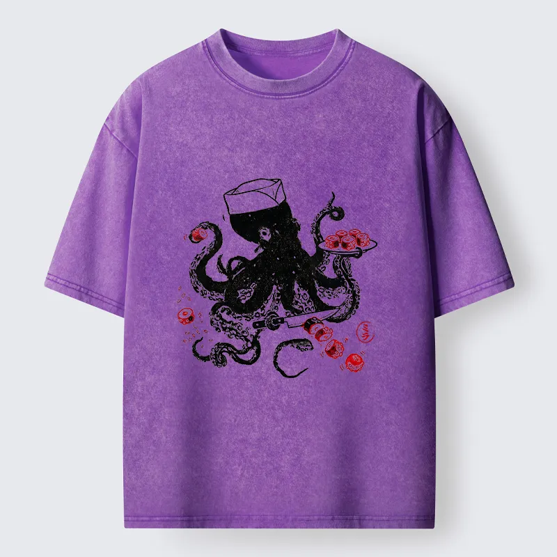 Tokyo‑Tiger Octopus Making Sushi Funny Meme Washed T‑Shirt Sale