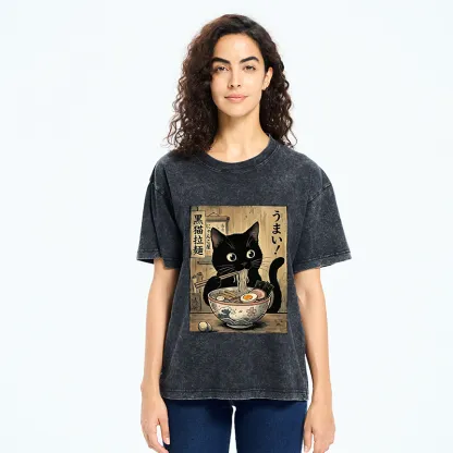 Tokyo-Tiger Black Cat Eats Delicious Japanese Ramen Washed T-Shirt
