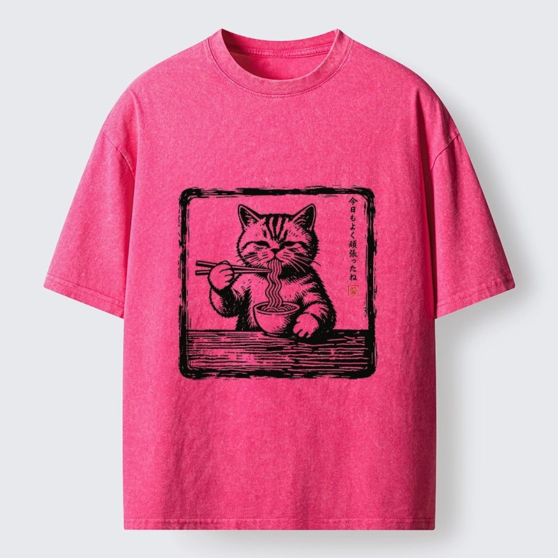 Tokyo‑Tiger Ramen Eating Cat Washed T‑Shirt