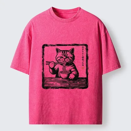 Tokyo‑Tiger Ramen Eating Cat Washed T‑Shirt