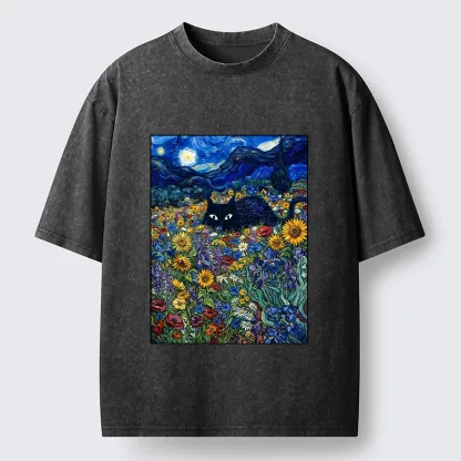 Tokyo‑Tiger Starry Night Cat Washed T‑Shirt