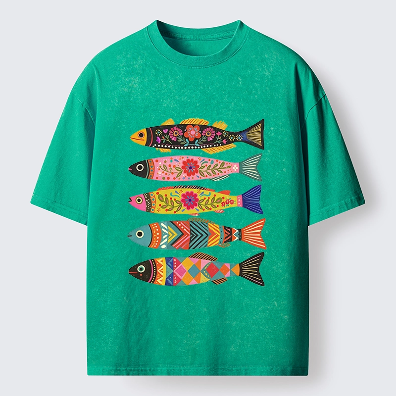 Tokyo-Tiger Colorful Patterned Fish Washed T-Shirt