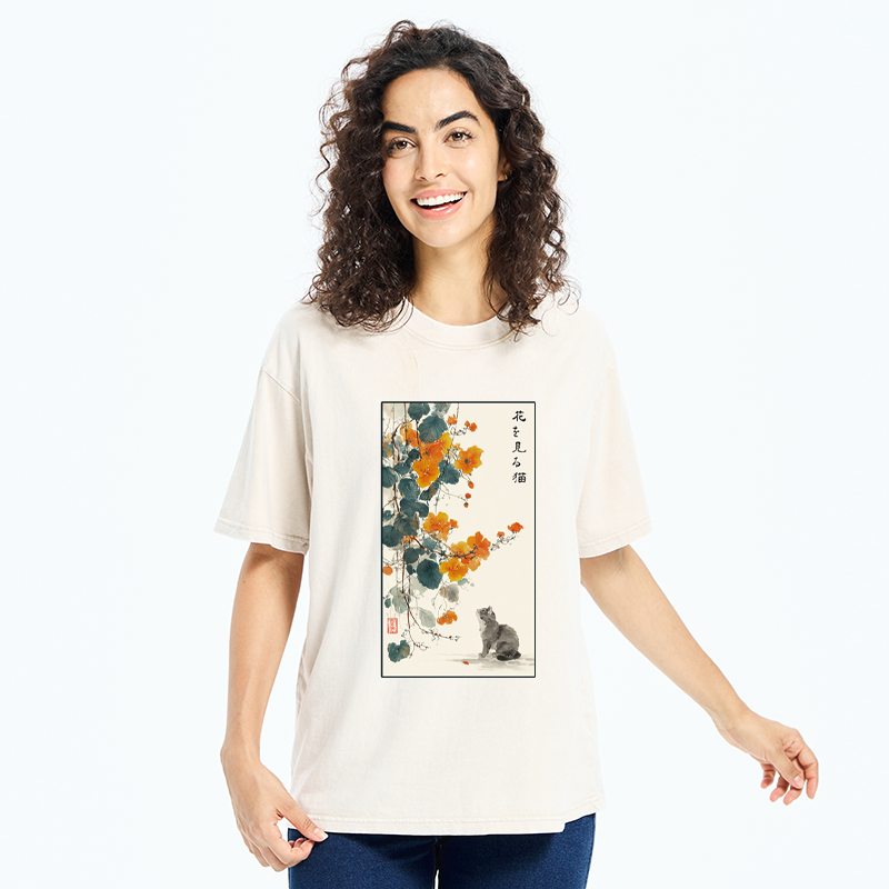 Tokyo-Tiger A Cat Watching Flowers Washed T-Shirt