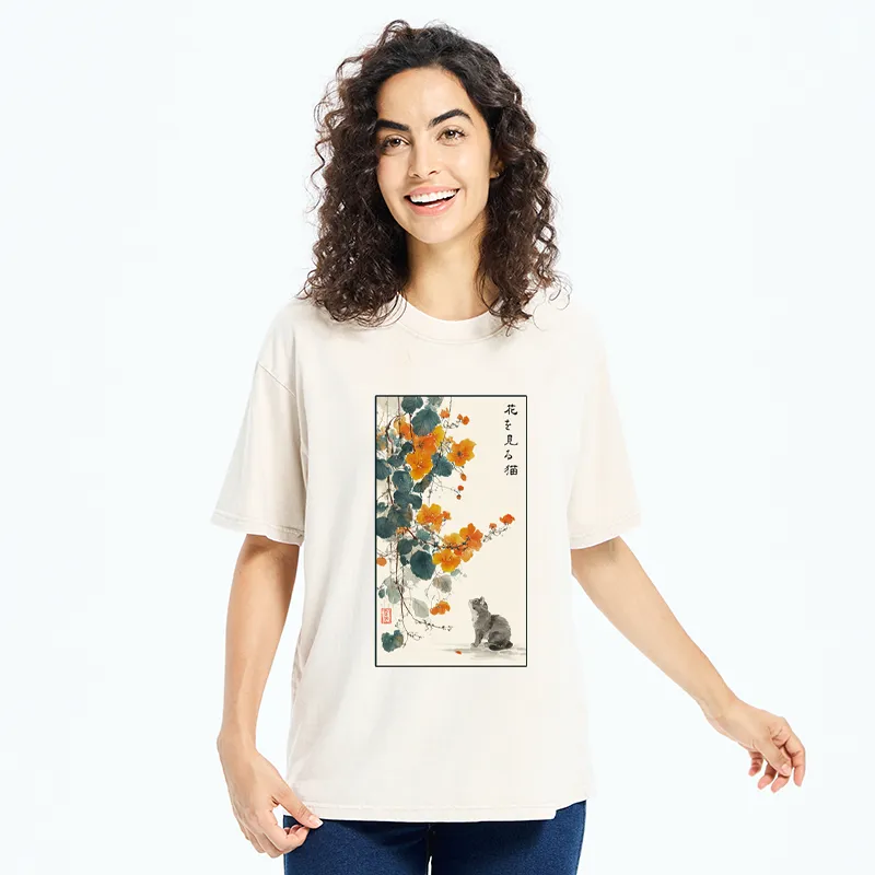 Tokyo-Tiger A Cat Watching Flowers Washed T-Shirt