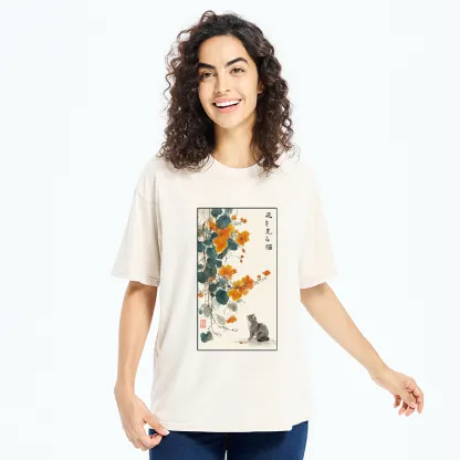 Tokyo-Tiger A Cat Watching Flowers Washed T-Shirt