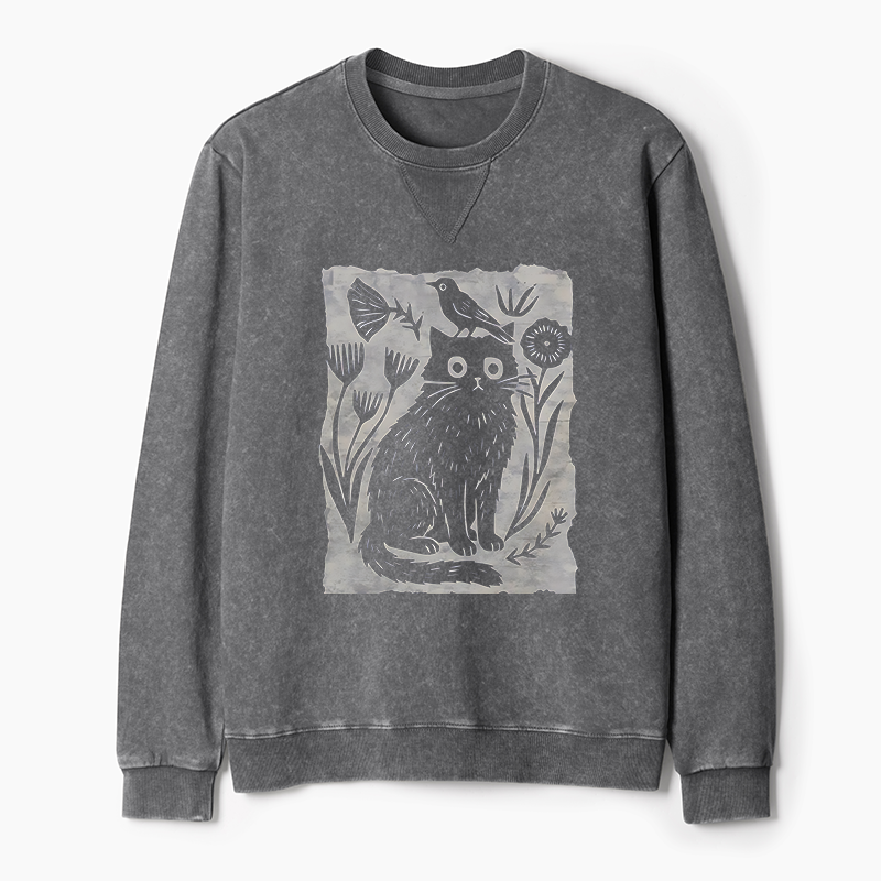 Tokyo-Tiger Folk Paper Cut Cat Bird Floral Art Washed Terry Sweatshirt