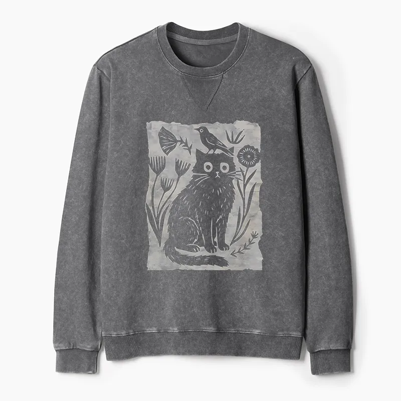 Tokyo-Tiger Folk Paper Cut Cat Bird Floral Art Washed Terry Sweatshirt