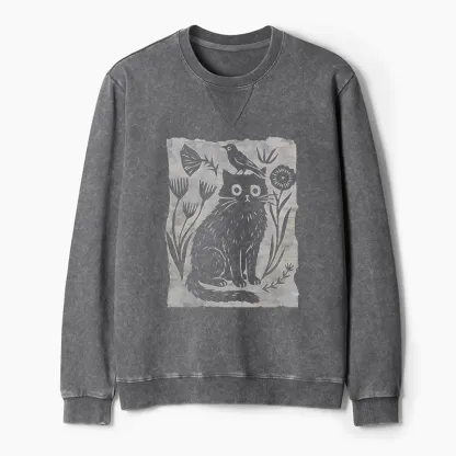 Tokyo-Tiger Folk Paper Cut Cat Bird Floral Art Washed Terry Sweatshirt