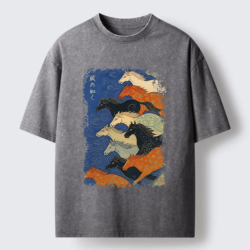 Tokyo-Tiger Vintage Japanese Running Horses Art Washed T-Shirt