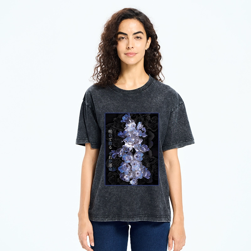 Tokyo-Tiger Glowing Blue Flowers In The Dark Washed T-Shirt