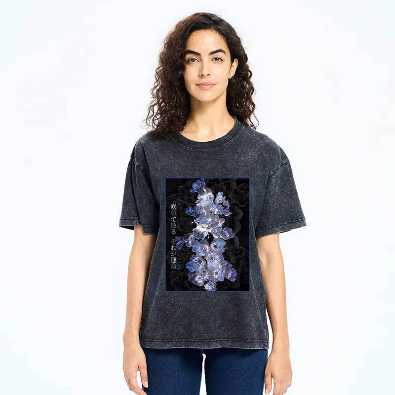 Tokyo-Tiger Glowing Blue Flowers In The Dark Washed T-Shirt