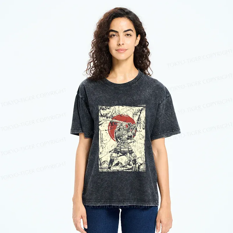 Tokyo-Tiger Japanese Samurai Retro Washed T-Shirt
