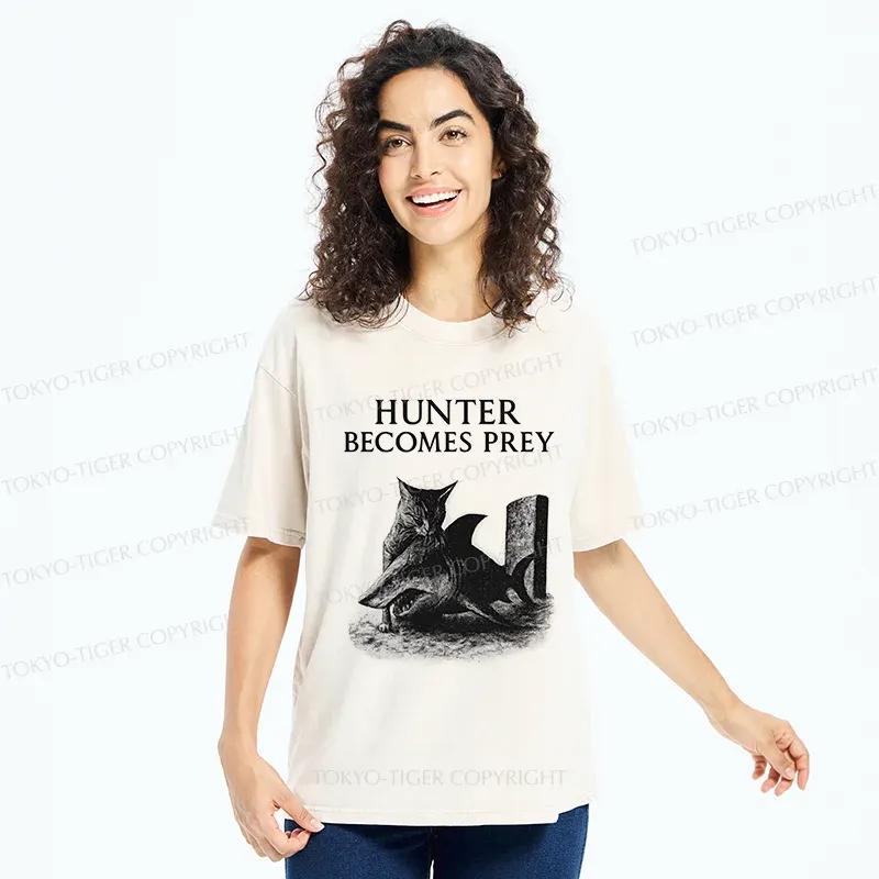 Tokyo-Tiger Cat Eats Shark Washed T-Shirt